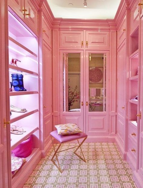 The cabinetry and the concept, *not* the decor or the color! || Pink walk-in closet. Christopher Peacock, Lilac Wall, Pink Closet, Lavender Wall, Pink Passion, Purple Wall, Dream Closets, Barbie Dream House, Pink Houses