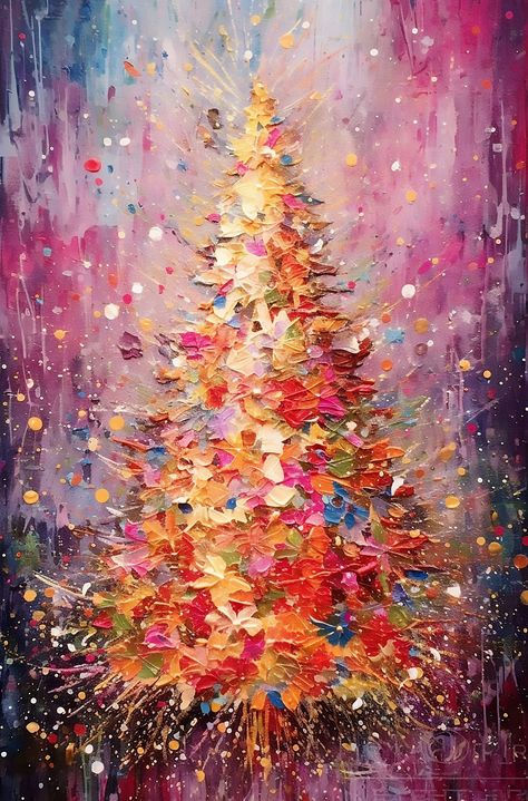 Abstract Christmas Tree Art, Vintage Christmas Tree Painting, Christmas Cards Christmas Tree, Vintage Tinsel Christmas Trees, Vintage Colorful Christmas, Abstract Christmas Painting, Painting Christmas Trees, Crazy Christmas Trees, 1950s Color Palette