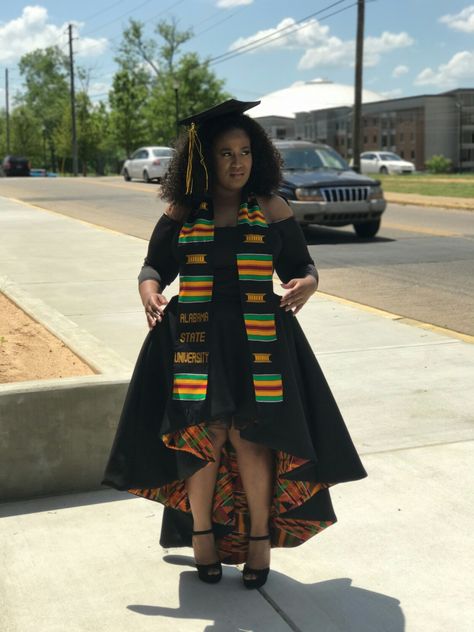 African print graduation hbcu grad myasu Graduation Outfit Ideas University Black Women, Styles For Graduation, Black Graduation Gown, Graduation Outfit Ideas University, Hbcu Grad, Simple Dress Styles, Fall Fashion Skirts, Graduation Gown, Black Dress Outfits