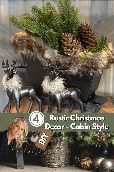 4 High End Rustic Christmas Decor DIYS / Cabin Decor / Dollar Tree Decorating A Sleigh, Mountain Lodge Christmas Decor, Cabin Christmas Decor Rustic, Woodsy Christmas Decor, Lodge Christmas Tree, Christmas Cabin Decor, Lodge Christmas Decor, Cabin Christmas Decor, Christmas Cubicle Decorations