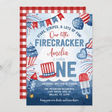 Little Firecracker 4th of July 1st Birthday Party Independence Party - red white and blue, firework, patriotic, little firecracker, 4th of july, independence day, turning one, 1st birthday, first birthday, american flag July Baby Birthday, Blue Themed Birthday Party, Blue Themed Birthday, 4th Of July 1st Birthday, Watercolor Fireworks, Cream Balloons, Ice Cream Balloons, Sunglasses Beach, 1st Birthday Party Invitations