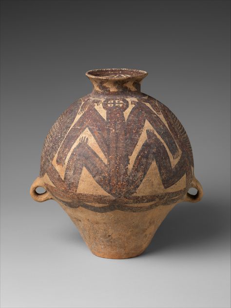 Jar (Guan) Neolithic period, Majiayao culture (ca.3300-2050 BC) Machang phase,ca.2350-2050 BC. Culture:China. Earthenware with pigment H.31.5 cm W. 23.5 cm Diam. of rim 3.8 cm Diam. of base 9.8 cm Classification: Ceramics Accession Number: 1992.165.8. The Metropolitan Museum of Art. Paleothic Period, Neolithic Aesthetic, Neolithic Art, Paleolithic Period, Prehistoric Period, Pre History, Neolithic Period, China Image, History Project