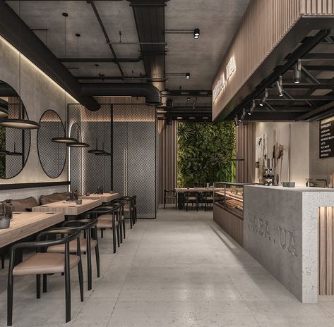 KAVA.UA on Behance Industrial Design Interior Cafe, Industrial Coffee Shop, Cafe Design Inspiration, Modern Coffee Shop, Modern Restaurant Design, Industrial Cafe, Small Coffee Shop, Coffee Shop Interior Design, Cafe Concept