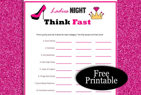 Think Fast, Free Printable Ladies’ Night Game Ladies Night Games Free Printable, Ladies Night Party Games, Kid Holiday Games, Girls Night Out Games, Games For Ladies Night, Housewarming Party Games, Ladies Night Games, Girls Night Games, Games For Ladies