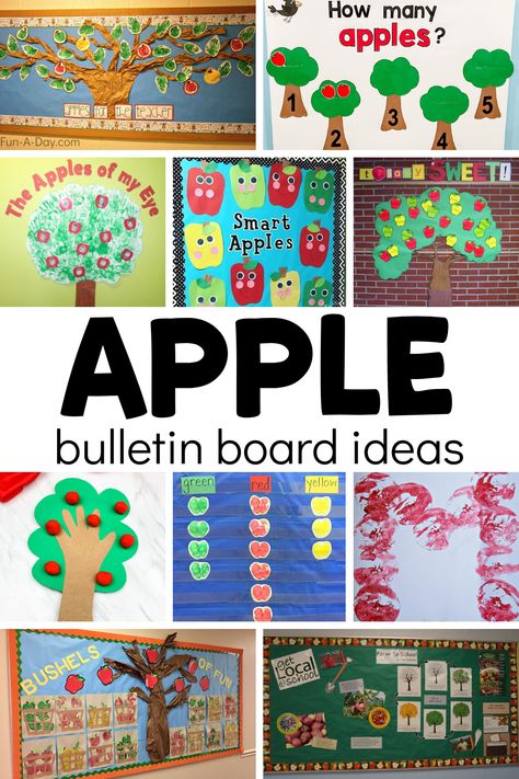 12 apple bulletin boards ideas to integrate into your next apple theme or your fall lesson plans. These apple bulletin boards are perfect for preschool, pre-k, and kindergarten kids and correlate to multiple early learning skills. Click on the Fun-A-Day.com link for more information. September Bulletin Board Kindergarten, Fall Bulletin Boards Apples, Back To School Apple Theme, Apple Classroom Theme Bulletin Boards, Apple Theme Bulletin Board Ideas, Apple Bulletin Boards Preschool, Fall Apple Bulletin Board Ideas, Fall Bulletin Board Ideas For Preschool September, Apple Classroom Door Ideas