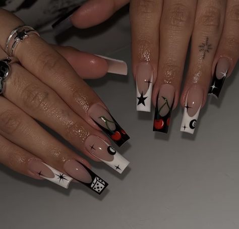 Chinese Dragon Acrylic Nails, Playboi Carti Nails, Ak47 Nails, Vegas Nail Ideas, Black White Red Nails, Gambling Nails, Card Nail Designs, Casino Theme Nails, Chola Nails Acrylic