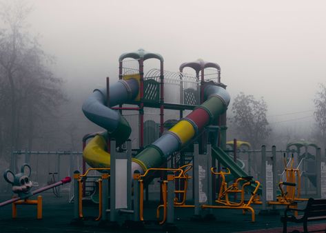 #amusement park #fog #foggy #horror #outdoors #park #playground Short Scary Stories, Real Paranormal, Park Playground, Play Structure, Weird Stories, Building Exterior, Scary Stories, The Promise, Dark Souls