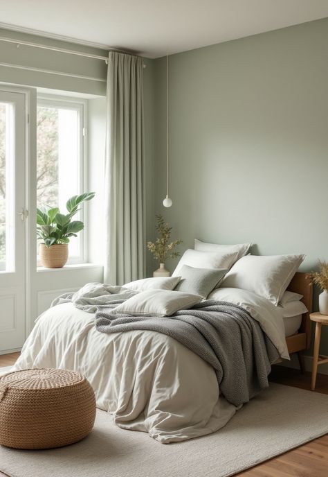 Sage Green Farmhouse Bedroom Neutral Green Bedroom Aesthetic, Pale Green Bedroom Ideas, Sage Walls Bedroom, Light Green Bedroom Aesthetic, Sage And Pink Bedroom, Sage Green Room Ideas Bedroom, Sage Bedroom Ideas, Pale Green Bedrooms, Sage Green Farmhouse Bedroom