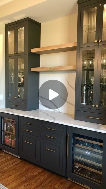 Alyssa Lee on Instagram: "Final reveal! Well…..almost ☺️  We need another light above the shelves for esthetics but more importantly function!   Oh and all the pretty decor touches too☺️  This project has been two years in the making and it turned out exactly as I envisioned!   @builtbystevie  @southernstonenashville   #builtinbar #trendingaudio #homeprojects #diningroomdesign #cabinets #builtins #homedesignideas" Wall Cabinet For Dining Room, Built In Kitchen Sideboard, Dining Room Built In Buffet And Bar, Dining Room Design With Cabinet, Built In Shelves For Dining Room, Cabinet Wall In Dining Room, Built In Bar And Bookshelves, Wall To Wall Buffet Cabinet, Pantry Cabinet Wall Ideas