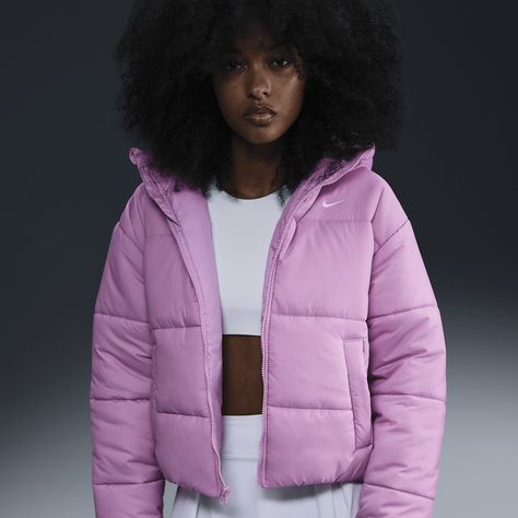 Nike Sportswear Classic Puffer Women's Therma-FIT Loose Hooded Jacket Hot Pink Winter Coat, Pink North Face Puffer, Aaliyah Core, Nike Puffer Jacket, Pink Winter Coat, Nike Coat, Nike Puffer, North Face Puffer Jacket, Black And White Nikes