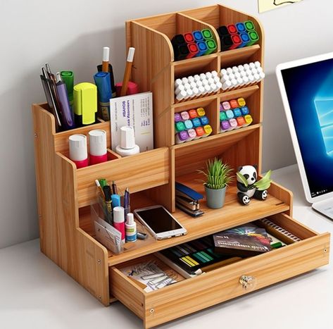 Wooden Pen Holder, Office Supply Storage, Desain Pantry, Stationary Organization, Wooden Desk Organizer, Desk Stationery, Pencil Storage, Pen Storage, Wooden Pen