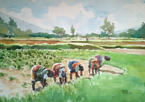 Watercolour Anatomy, Farmer Painting, Background References, Farm Images, Watercolor Scenery, Paintings Tutorials, India Painting, Canvas Art Decor, Scene Drawing