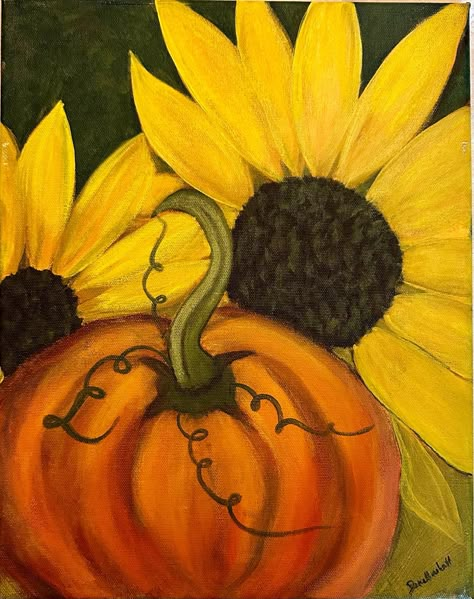 Fall Vibes is a cheerful fall scene featuring 2 sunflowers and a pumpkin. Perfect for your mantel! Done in acrylics on a stretched cotton 11x14" canvas. Fall Artwork Canvases, Holiday Paint Party Ideas, Fall Scene Painting, Fall Pictures To Paint, Painting Pumpkins On Canvas, Thanksgiving Paintings On Canvas Easy, Fall Art Painting, Sunflowers Paintings, Fall Canvas Painting Ideas Easy Diy