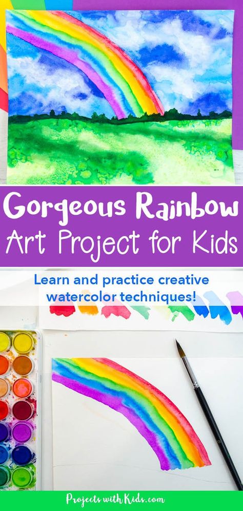 Rainbow Craft Elementary, Watercolor Art Lessons Elementary, April Art Projects For Kids, Watercolor Activities For Kids, Easy Elementary Art Projects, Kids Watercolor Painting Ideas, Rainbow Painting For Kids, Kindergarten Spring Art, Rainbow Art Projects