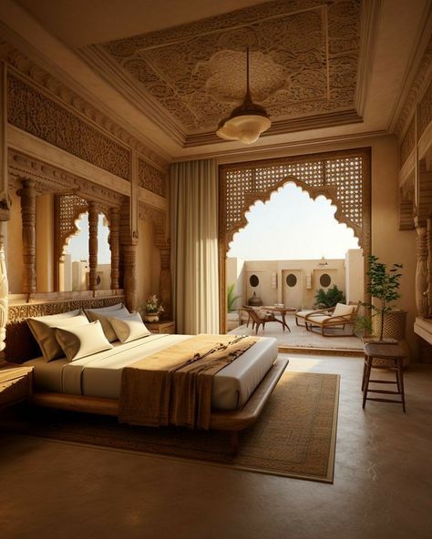 Rajasthani Interior Design, Indian Style Bedroom, Moroccan Inspired Bedroom, Bedroom Concept, Castle House Design, House Interior Design Styles, Indian Home Interior, Dekorasi Kamar Tidur, Cottage Interior