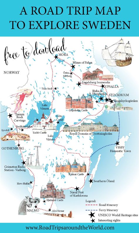 A road trip in Sweden - hand drawn map available only on www.RoadtripsaroundtheWorld.com Europe Backpacking, Travel Sweden, Europe Packing, Visit Sweden, Traveling Europe, Road Trip Map, Road Trip Routes, Sweden Travel, Packing Lists