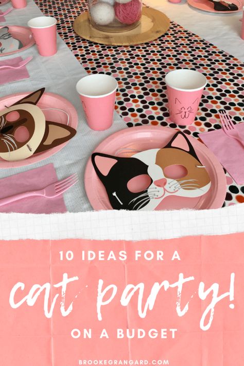 10 Easy Ideas for a Kitty-Cat Themed Birthday Party on a Budget - Brooke Grangard Cat Birthday Party Decorations Diy, Meow Birthday Party, Kitten Birthday Party Games, Cat Themed Birthday Party Decorations Diy, Kitty Cat Birthday Cake Ideas, Kitten Birthday Party Decorations, Kitty 3rd Birthday Party, Kitty Kat Birthday Party, Diy Cat Themed Birthday Party