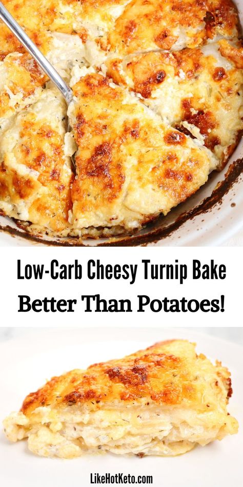 Keto scalloped turnips au gratin with a golden brown crust of Gruyere cheese. Scalloped Turnips, How To Cook Turnips, Cheesy Potato Bake, Turnip Recipes, Scalloped Potato, Potato Bake, Cheesy Potato, Scallop Recipes, Low Carb Sides