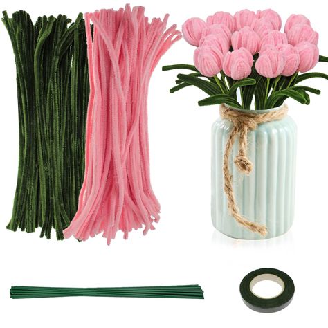 PRICES MAY VARY. WHAT YOU WILL GET： Craft Supplies Chenille Stems Flower Craft Kit, 100pcs Pink Chenille Stems for making petals, 100pcs Green Chenille Stems for making leaves, 20pcs floral wires, 1pc gardening tape. Easy to bend and shape: The softness and bendability of the craft pipe cleaners make them perfect for creating tulip shapes. You can bend and twist the pipe cleaners to form petals, stems, and leaves. Easy to operate and get started. MATERIAL: Made of metal and fluff, comfortable an Craft Pipe Cleaners, Bouquet Making, Pipe Cleaner Flowers, Sock Crafts, Flower Craft, Tulip Bouquet, Pipe Cleaners, Chenille Stems, Crafting Materials