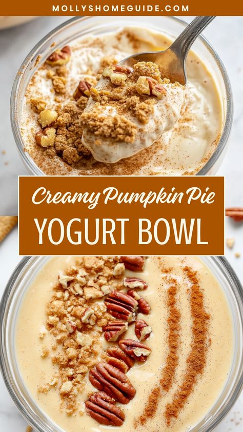 Indulge in a delightful, autumnal treat with this pumpkin pie yogurt bowl recipe. Creamy yogurt topped with the warm flavors of pumpkin pie spices and crunchy granola is the perfect way to start your day or enjoy as a healthy dessert. This easy-to-make dish is full of seasonal goodness and will surely be a new favorite in your fall recipe collection. Try making this pumpkin pie yogurt bowl for breakfast, snack time, or whenever you're craving something cozy and delicious. Pumpkin Yogurt Pancakes, Greek Yogurt And Pumpkin Puree, Pumpkin Pie Yogurt Bowl, Healthy Easy Pumpkin Dessert, Pumpkin Yogurt Dessert, Pumpkin And Yogurt Recipes, Pumpkin Yogurt Parfait, Pumpkin Yogurt Recipe, Yogurt Bowl Toppings