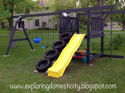 Tire Ramp for Your Jungle Gym #backyardkidsgames #diybackyardgames #decorhomeideas Tire Playground, Swing Set Diy, Reuse Old Tires, Diy Swing, Playground Set, Tyres Recycle, Old Tires, Jungle Gym, Backyard Playground