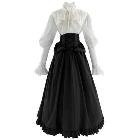 PRICES MAY VARY. Satin Imported Package Included - 1* Victorian blouse; 1* Maxi skirt. Material - The victorian blouse is made of satin, glossy textured fabric, very noble and elegant. The retro skirt is made of polyester, very soft and comfortable to wear, heavy hem and not see-through. Features - Elegant V-neck, the front ribbon can be tied into a large bow, lantern sleeve with drawstring ruffle cuffs, and lace-up on the back to adjust the waist. The corset belt-style victorian skirt is full l 1899 Womens Fashion, Different Dress Silhouettes, Vampire Clothes Female, Victorian Fashion Casual, Victorian Winter Clothes, Victorian Tea Dress, Elegant Victorian Dresses, Modern Victorian Fashion Women, Dickens Fair Costume