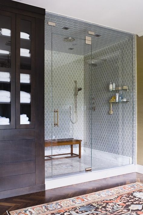 Bathroom Closet Combo Layout, European Cabinets, Bathroom Design Trends, Pattern Tile, Steam Shower, Steam Showers Bathroom, Moroccan Pattern, Modern Shower, Dream Bathrooms