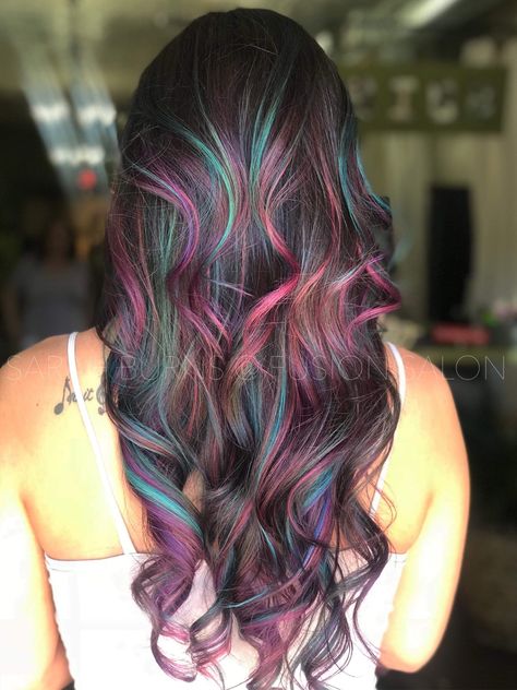 Unicorn hair! #mermaid #unicorn #balayage #pink #teal #purple #blue Blue And Purple Hair Color Ideas For Brunettes, Rainbow Baliage Hair, Dark Hair With Mermaid Highlights, Dark Mermaid Hair Color, Blue And Purple Hair Highlights Brunettes, Brunette Fashion Color Hair, Purple And Teal Highlights, Pink And Teal Peekaboo Hair, Mermaid Balayage Hair