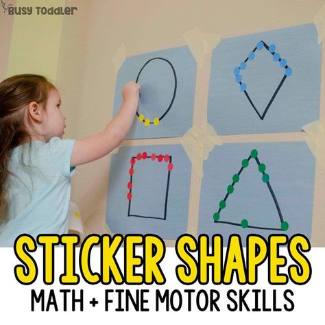 Need a quick toddler activity? Try Sticker Shapes! This easy activity is perfect for practicing fine motor skills and math skills. A great indoor activity! Sticker Shapes, Keluarga Saya, Shapes For Toddlers, Kraftangan Prasekolah, Shape Activities Preschool, Aktiviti Kanak-kanak, Pattern Activities, Shapes Preschool, Teaching Toddlers