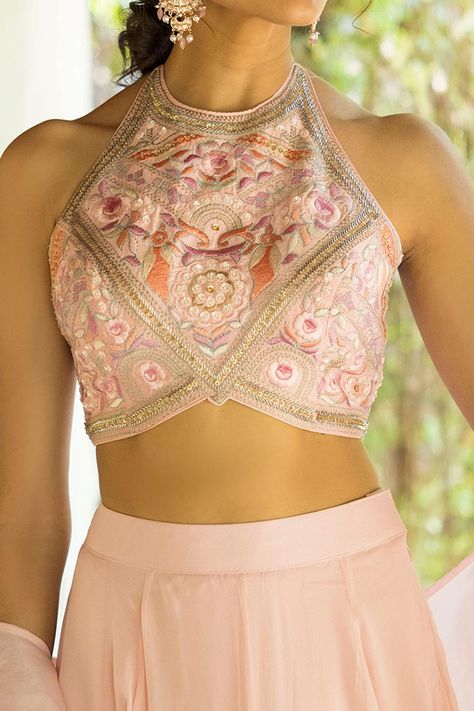 Buy Basanti - Kapde Aur Koffee Pink Georgette Halter Blouse And Lehenga Set Online | Aza Fashions Halter Blouse Lehenga, Lehenga Blouse Designs Crop Tops Sleeveless, Halter Neck Blouse Lehenga, Halter Neck Blouse Design, Halterneck Blouse, Front Blouse Designs, Marriage Outfit, Bridal 2023, Lengha Blouse Designs