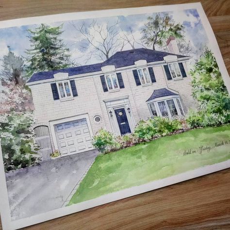 So here's the 12×16 watercolor house portrait I had been working on for a while. It is a very refreshing experience working on larger sized paintings like this.  The buyer commissioned 2 paintings of the same house so I had to make sure not to make any major variations in the sketch and colors. Now I am waiting for the shipping services to resume so that I can send the paintings to the buyer ASAP.  DM or check my Etsy shop tauseefstudio.etsy.com if you want me to paint your home too.  #home #wat Watercolor House Painting, Watercolor House, Watercolor House Portrait, Home Portrait, Custom House Portrait, Photo To Art, House Portrait, House Sketch, First Home Gifts