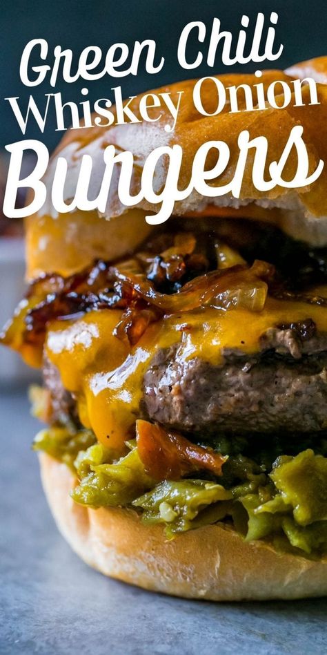 Green Chili Whiskey Onion Burger - Green chili whiskey onion burgers are rich, smoky, sweet, and a little spicy - with no grill needed! Tons of southwestern flavor in every bite. #greenchiliwhiskeyonionburgers #maindishes Green Chili Fries, Specialty Burgers, Green Chili Burger, Chili Burgers, Burger Board, Onion Burgers, Chili Burger, Wraps Recipes, On A Bun