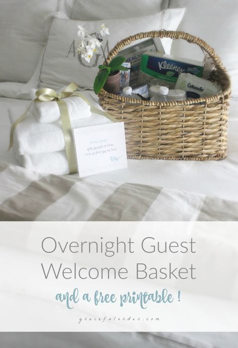 Overnight Guest Welcome Basket!  Perfect for the Holidays! Welcome Basket For Overnight Guests, Guest Room Prep, Guest Welcome Basket Ideas, Overnight Guest Welcome Basket, Welcome Basket For Guests, Guest Baskets, Guest Room Baskets, Guest Welcome Baskets, Guest Basket