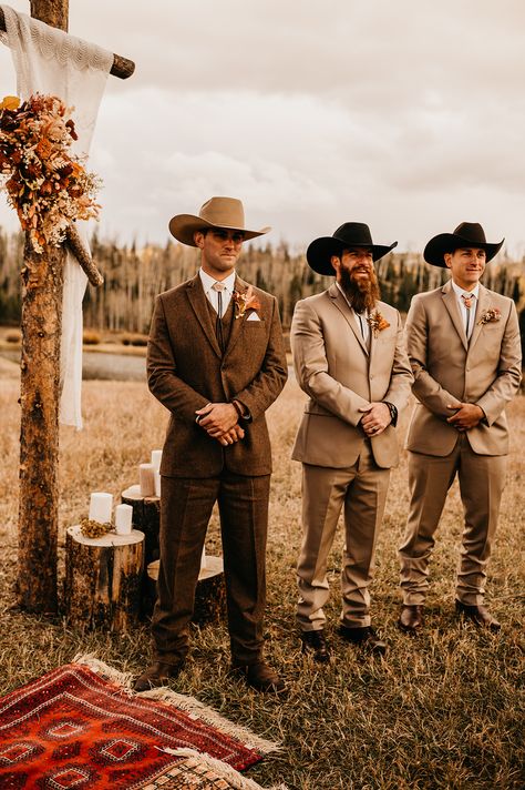 Intimate Fall Colorado Wedding at the Midnight Ranch Farm Wedding Tuxedo, Casual Fall Wedding Groom Attire, Western Groomsmen Attire Brown, Men’s Wedding Suit Western, Fall Country Wedding Groom Attire, Western Fall Wedding Groomsmen, Country Wedding Groom Outfit, Rustic Tux Groom Attire, Fall Western Groomsmen Attire