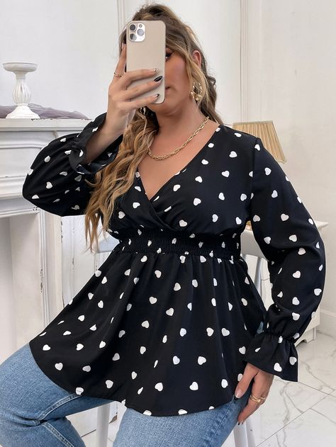 Fall Plus Size, Fabric Heart, Peplum Blouse, Flounce Sleeve, Plus Size Blouses, Heart Print, Black Casual, Xl Dress, Plus Size Tops