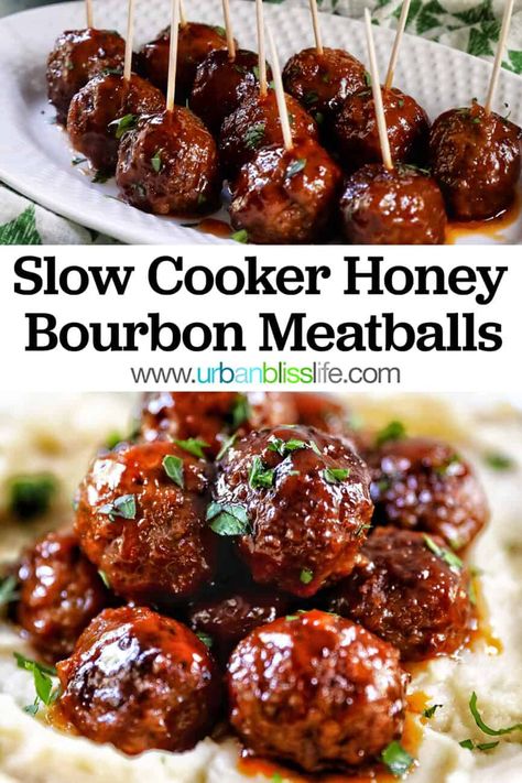 Bourbon Meatballs Crockpot, Honey Bourbon Meatballs, Crockpot Party Food, Bourbon Meatballs, Honey Bourbon, Appetizer Meatballs, Crockpot Dinners, Meatball Recipes Easy, Tasty Meatballs