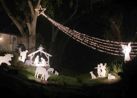 Outdoor Christmas Lights Display, Front Yard Nativity Scene, Outdoor Christian Christmas Decorations, Cactus Installation, Live Nativity Scene Ideas, Diy Outdoor Nativity, Christmas Nativity Scene Diy, Manger Scenes, Outdoor Christmas Light Displays