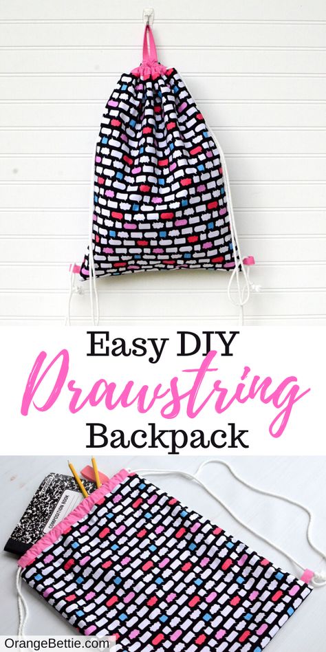 Easy DIY Drawstring Backpack Sewing Tutorial Diy Drawstring Backpack, Drawstring Backpack Tutorial, Drawstring Backpack Pattern, Sewing With Scraps, Backpack Patterns, Backpack Pattern Sewing, Backpack Sewing, Backpack Tutorial, First Sewing Projects