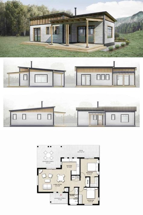 Small House Plans Modern - Truoba Mini 217 Small House Plan Two Bedroom House Design, Spending Time Outside, Small Modern House Plans, House Plans Ideas, Two Bedroom House, Small House Floor Plans, Cabin House Plans, Tiny House Floor Plans, House Construction Plan