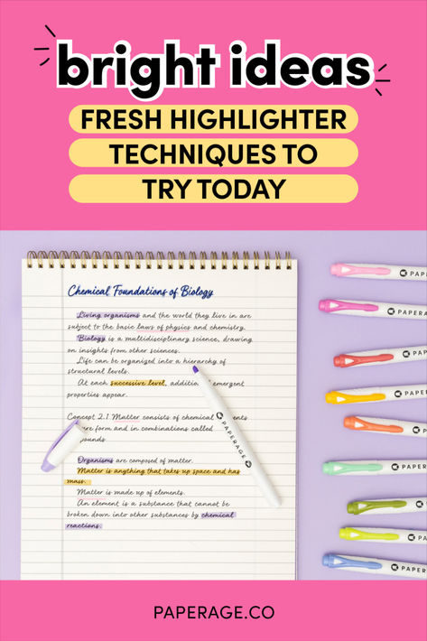 PAPERAGE Notebook and colorful Highlighters on a lavender background. Routine Study, Yellow Highlighter, Highlighting Techniques, Notes Study, Study Sessions, Meeting Notes, Dot Journals, Bright Ideas, Take Notes