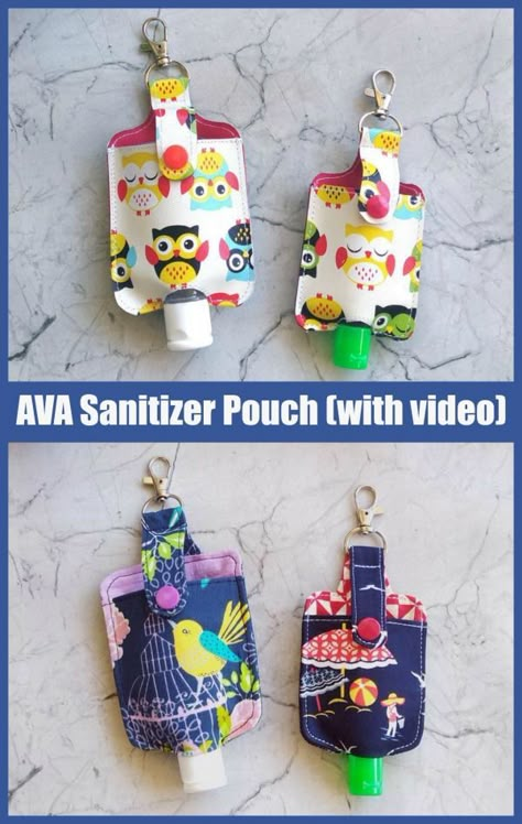 Sew a Hand Sanitizer Holder (3 patterns with videos) sewing patterns. Here we have three Hand Sanitizer Holders sewing patterns from three separate designers. They are all very simple and quick to make and include video tutorials rather than full step-by-step written instructions. Sew a little holder for your bottle of hand sanitizer. Sewing videos. #SewModernBags Sewing Videos, Sanitizer Holder, Sewing Machine Projects, Hand Sanitizer Holder, Scrap Busters, Modern Bag, Sew Easy, Diy Holder, Scrap Fabric