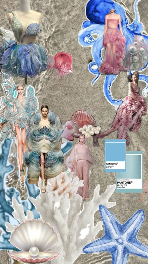 Texture Board Fashion, Under The Sea Fashion Mood Board, Beach Fashion Aesthetic, Ocean Theme Mood Board, Mood Borde Fashion Design, Portfolio Themes Ideas Inspiration, Fashion Collection Themes Inspiration, Kaftan Art, Ocean Mood Board