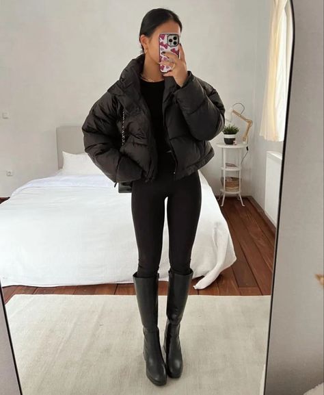 All Black Outfit, black puffer jacket, leggings outfir winter. Tall black boots Black Boots With Leggings Outfit, Winter Outfits Tall Boots, Legging And Black Boots Outfits, Long Black Boots Outfit Leggings, Cute All Black Shoes, Leggings Boots Outfit Winter, Winter Outfit With Jacket, Leggings And Tall Boots Outfit, Pointed Chelsea Boots Outfit