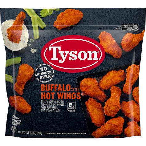 Whether it's a game day party, spontaneous get-together or after-school feeding frenzy, Tyson® Fully Cooked Bone-In Buffalo Style Hot Chicken Wings are perfectly coated with hot and tangy buffalo sauce. Raised with no antibiotics ever, the chicken is juicy and packed with 15 grams of protein per serving. Simply heat and serve these chicken wings with ranch dipping sauce for a quick and delicious weeknight dinner.Includes one 64-ounce package of bone-in chicken wings. Everything seems to turn out Hot Chicken Wings, Tyson Chicken, Buffalo Style, Frozen Chicken Wings, Tyson Foods, Frozen Appetizers, Bone In Chicken, Game Day Party, Grocery Foods