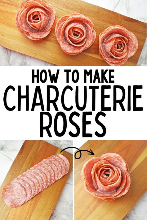 A quick and easy tutorial how to make beautiful charcuterie roses from salami. Salami Roses Charcuterie, Small Rectangle Charcuterie Board Ideas, Making Salami Roses, How To Make Charcuterie Roses, Salami Flowers Diy, How To Make A Charcuterie Rose, Rose Meat Charcuterie, How To Make A Meat Rose, Cheese Roses For Charcuterie Board