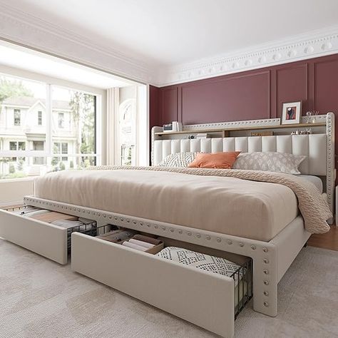 EnHomee King Size Bed Frame with Storage and Headboard, Upholstered King Bed Frame with Storage, King Bed Frame with 2 Drawers, King Size Bed Frame with Storage, NO Noise,No Box Spring Needed  #homedesign #homedecor #housedesign #housedecor #room #roomdecor #roomdesign #interior #design #home #house #furniture #decor #bedroom #kitchen #livingroom King Bed Frame With Storage, Upholstered King Bed Frame, Upholstered Queen Bed Frame, Upholstered King Bed, Letto King Size, Velvet Bed Frame, Headboard Upholstered, Cama King Size, Modern Bed Frame