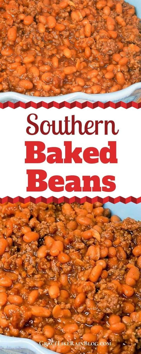 Southern Baked Beans are the perfect side dish for your summer BBQ or holiday get-together. These oven-baked beans with ground beef and onions are a little bit sweet and a little bit spicy. This is a family-favorite dish that is requested over and for holiday dinners. | Southern Baked Beans with Ground Beef | Southern Side Dishes | Holiday Sides | Thanksgiving dinner | Christmas Dinner | Baked Beans with hamburger meat | #thanksgiving #christmas #sidedishes Beans With Hamburger Meat, Baked Beans With Hamburger Meat, Baked Beans With Hamburger, Baked Beans With Ground Beef, Beans With Ground Beef, Southern Baked Beans, Beef And Onions, Baked Beans Crock Pot, Recipe With Ground Beef