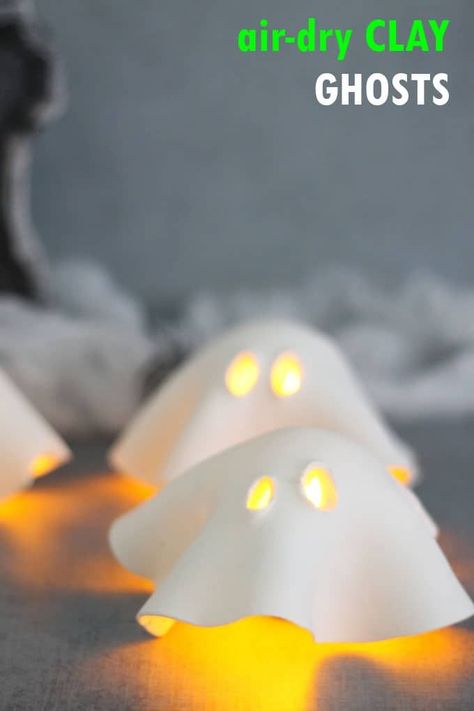 air dry clay ghost tea lights -- fun and easy Halloween decor idea Air Dry Clay Ghost, Easy Halloween Decor, Clay Ghost, Clay Christmas Decorations, Clay Crafts For Kids, Diy Air Dry Clay, Easy Halloween Decorations, Air Dry Clay Projects, ดินปั้น Polymer Clay