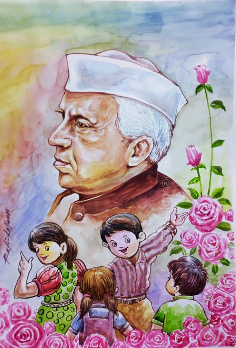 Children's Day Drawing Competition Ideas, Children's Day Poster Creative Drawing School, Jawaharlal Nehru Drawing With Children, Teachers Day Drawings Student, Indian Culture Drawing, Creative Teachers Day Poster, Cultural Drawing, Children's Day Drawing, Teacher Portrait