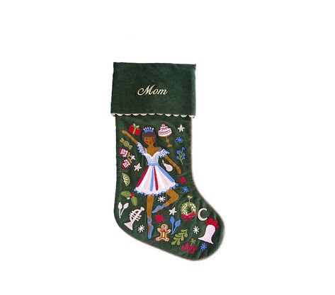 Rifle Paper Co. Nutcracker Sugar Plum Fairy Embroidered Velvet Christmas Stocking | Pottery Barn Kids Tv Stand Stocking, Eclectic Christmas Stocking, Embroidery Stockings Christmas Diy, Cute Christmas Stocking Ideas, Stocking Inspo Christmas, Classic Stockings Christmas, Heirloom Christmas Stocking, Vintage Stockings Christmas, Cute Stockings Christmas